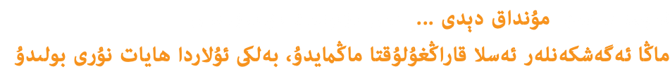 ئەيسا مەسىھ مۇنداق دېدى ... مەن دۇنيانىڭ نۇرىدۇرمەن ماڭا ئەگەشكەنلەر ئەسلا قاراڭغۇلۇقتا ماڭمايدۇ، بەلكى ئۇلاردا ھايات نۇرى بولىدۇ